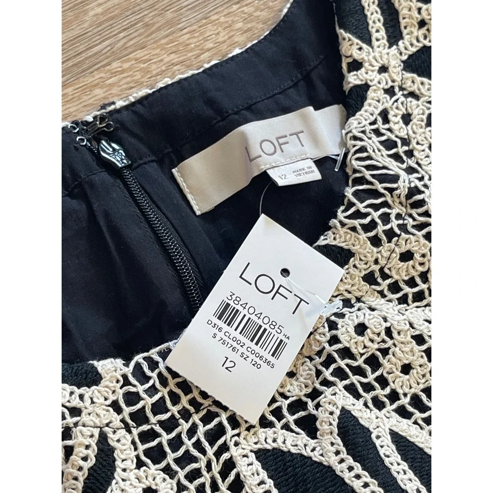 LOFT Women Black Cream Crochet Overlay Sleeveless Shift Dress Size 12 NWT